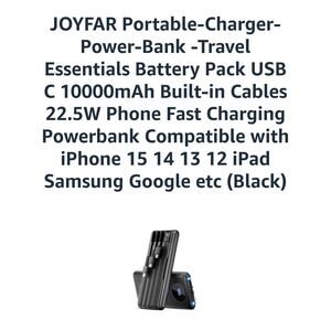 JOYFAR 10000mAh Portable Power Bank Black USB C Fast Charge Built in Cables